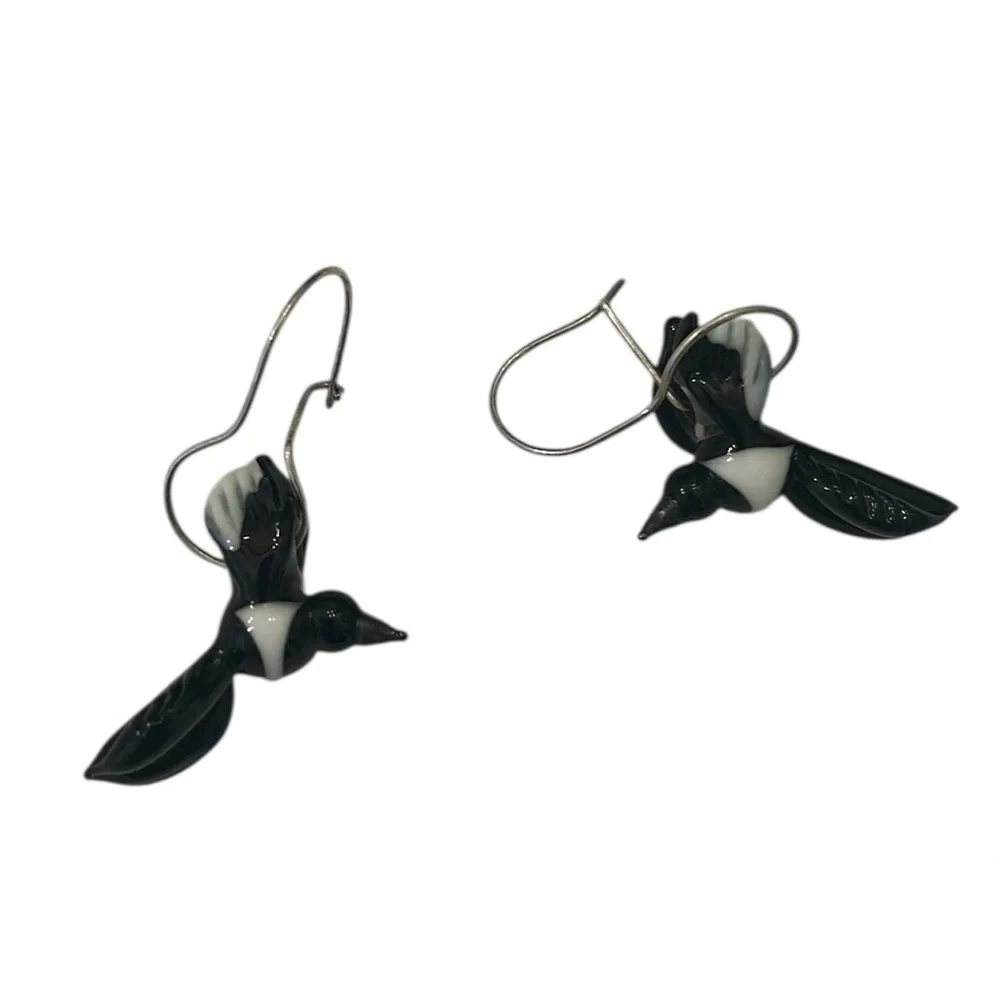 Artisan handmade Black & White glass Bird pierced Earrings